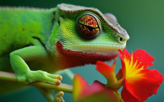 Green chameleon red flower macro - free animals wallpaper