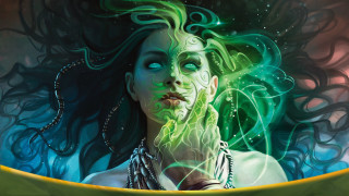 Green haired woman glowing eyes 2 - a yellow border free wallpaper