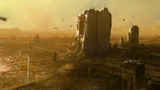 Futuristic city birds matte painting - a yellow sky free wallpaper