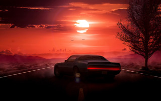 Sunset car road red sky - outrun free wallpaper