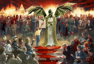 Demon surrounded by people pedestal - a painting of a demon free wallpaper