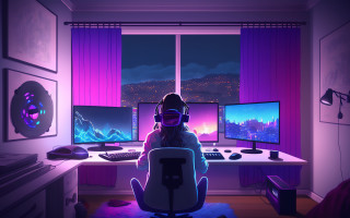 Cyberpunk synthwave girl desk night - synthwave style free wallpaper for desktop