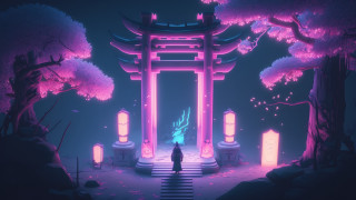 Man gate forest night pinklights - anton fadeev free wallpaper