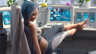 Blue haired woman retrofuturistic computer - a computer desk free wallpaper