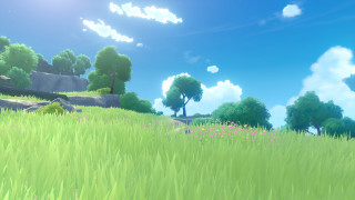 Grassy field trees rocks blue - unreal engine 5 free wallpaper