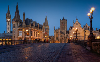Cobblestone street clocktower night lights - the younger free wallpaper