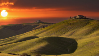 Sunset grassy hill house red - a red sky in the background free wallpaper