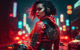 Woman red leather rain motorcycle - cyberpunk style free wallpaper