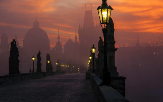 Streetlight bridge fog sunset gothic - fog free wallpaper