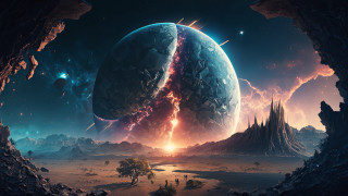 Planet star city mountains night - a distant star in the foreground free wallpaper