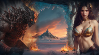 Woman bikini creature cave fire - anne stokes free wallpaper