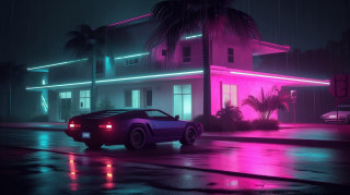 Car building neon palm retrofuturism - a neon light free wallpaper