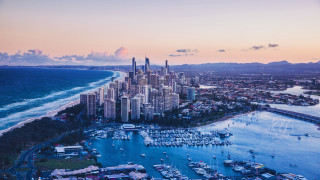 City harbor sunset bridge skyline - blue water free wallpaper