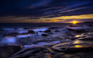 Sunset ocean waves rocks windmills - wave free wallpaper for desktop