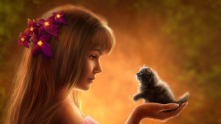 Girl holding kitten flower fantasy - a girl holding free wallpaper