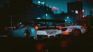 White sports cars night city - cinematic lighting free wallpaper