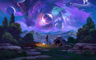 Campfire purple sky stars planets - galaxy free wallpaper
