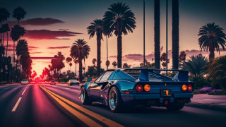 Blue car street palm trees - free cars wallpaper