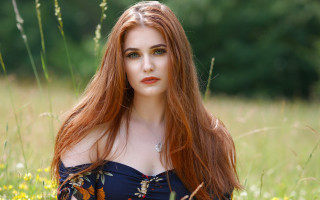 Red haired woman flower field 2 - long red hair free wallpaper