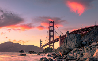 Bridge sunset rocky shore mountain - rock and boulders free wallpaper
