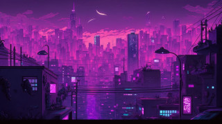 Cityscape purple sky buildings street - alena aenami free wallpaper