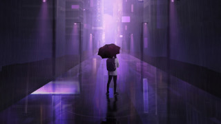 Rainy hallway cyberpunk umbrella purple - a hallway free wallpaper