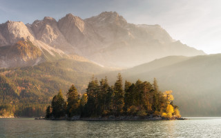 Mountain lake trees forest yellow - the right side free wallpaper