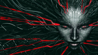 Cyberpunk face red eyes glowing - red line free wallpaper
