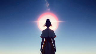 Woman sunset starry sky city - a bright sun free wallpaper