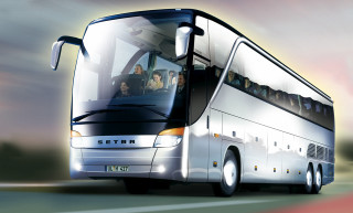 Large bus people driving road - sky free wallpaper