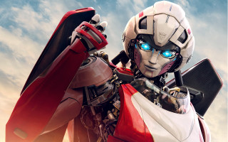 Robot blue eyes holding red - his hand and a sky background free wallpaper
