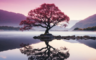 Lake mountain tree fog sunset - the middle of a lake free wallpaper for desktop