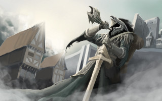 Man robe sword castle clouds - his hand and a building in the background free wallpaper