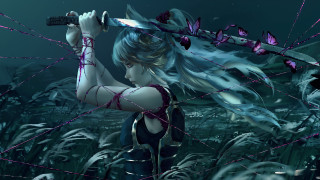 Woman knife field purple flowers - a chain free wallpaper