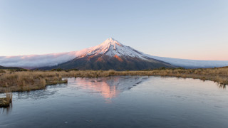 Mountain lake snowy peak clouds - peak in the background free wallpaper