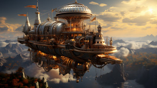 Floating city mountain clouds dusk - steampunk free wallpaper