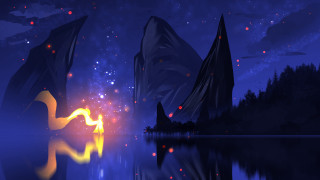 Lake mountains stars fireworks astronaut - firefly free wallpaper for desktop