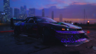 Purple blue car city skyline - outrun free wallpaper