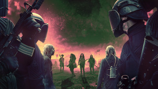 Red sky group people poster - free sci-fi wallpaper