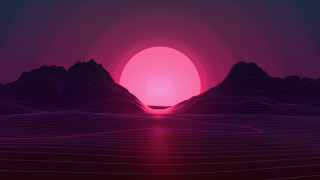 Sunset mountains water pink sun - synthwave style free wallpaper