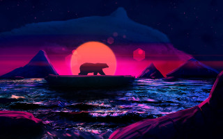 Bear boat sunset mountains sky - retrowave free wallpaper