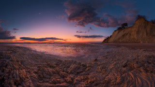 Sunset beach waves cliff dusk - wide angle len free wallpaper
