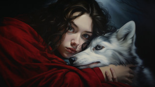 Woman hugging dog red blanket - free dogs wallpaper
