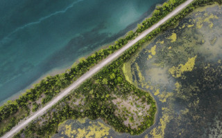Aerial road water trees tilt - aerial free wallpaper