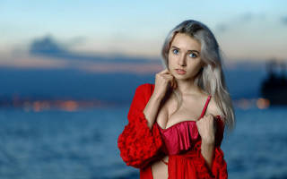 Elina karimova red dress ocean - a ship in the background free wallpaper