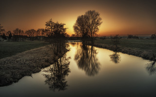 River sunset trees grass reflection - a sunset in the background and trees free wallpaper