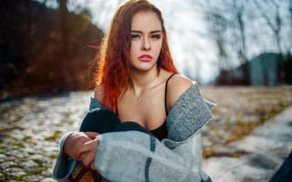 Red haired woman bench snow - her body free wallpaper for desktop