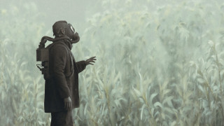 Man field camera foggy sky - dystopian art free wallpaper