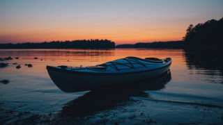 Lake dawn boat ducks mountains - a few duck free wallpaper