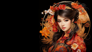 Woman long hair flowers red - gold earring free wallpaper